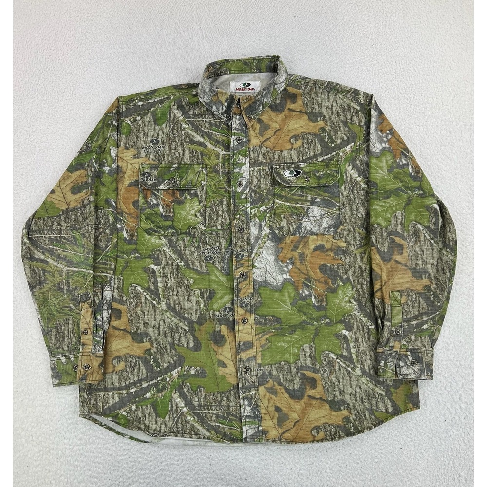 Mossy Oak Shirt Mens XL Green Camo Tibbee Long Sleeve Hunt Button Up Outdoor